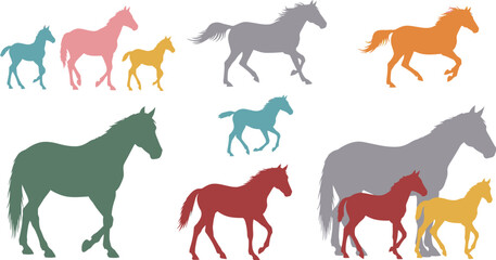 Silhouette collection of horses and foals in various colors and poses, evoking freedom and nature.