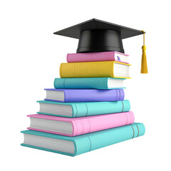 A stack of colorful books topped with a graduation cap, signifying education and achievement