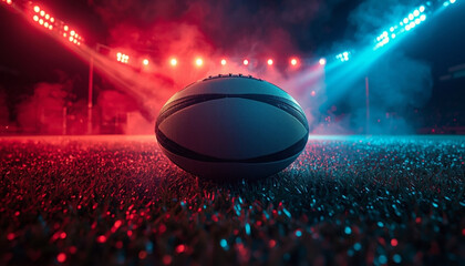 Dark leather oval ball resting on emerald turf with misty atmosphere and arena floodlights beyond