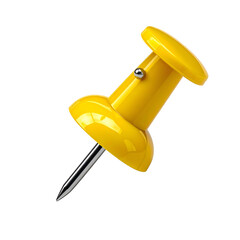 Isolated macro shot of a shiny yellow push pin against a black background, angled