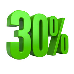 A vibrant, 3D rendering of "30%" in a bright green color, against a dark background