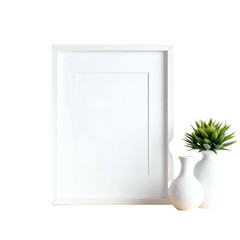 White frame with blank space, complemented by small vases and a succulent against a black background