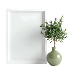 A white framed print rests next to a vase containing a leafy green sprig, against a black background