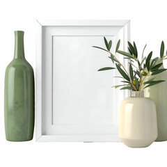 Composition of a blank white picture frame, vases, and an olive branch