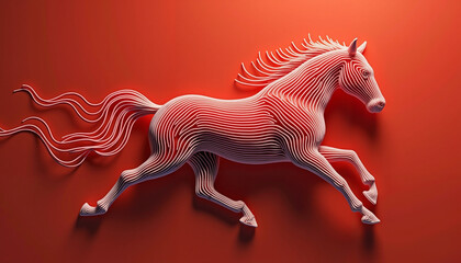 Abstract red line art composition forming the shape of a horse in motion against a minimal background
