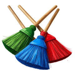 Vividly colored cartoon brooms, crossing wooden handles, green, red, and blue bristles on black background