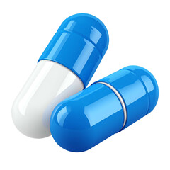 Two glossy capsules with a bright blue and white design against a black background