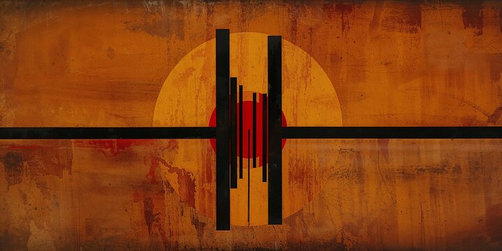 Bold abstract geometric composition featuring a large yellow circle intersected by strong black vertical and horizontal lines on a warm textured orange background.