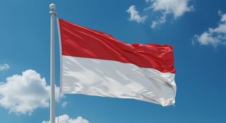 Naklejka premium Indonesian Flag Flying in Blue Sky with Clouds