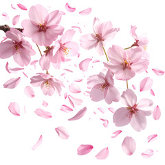 Delicate pink cherry blossoms and petals cascade against a stark black backdrop