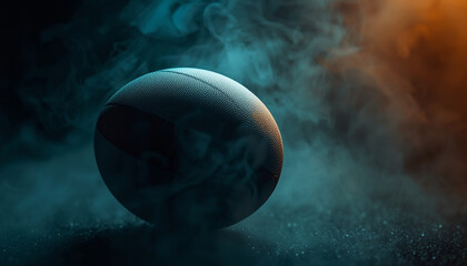 Leather oval on glossy black surface amid dense mist with electric blue amber glow in upward closeup