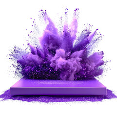 Purple powder explosion erupts from a platform against a stark black backdrop