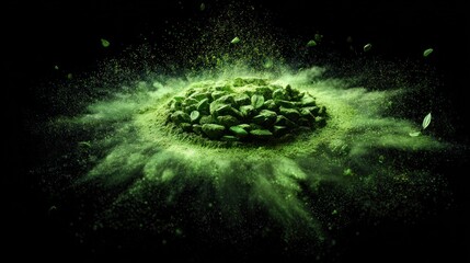 A close-up of vibrant green particles bursting outward from a central pile of stone-like shapes