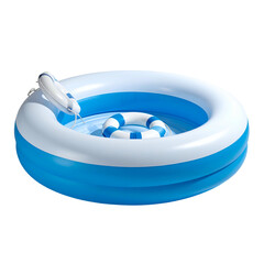 An inflatable, circular pool with a white and blue design and a small inflatable ring inside