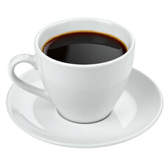 A bright white ceramic cup filled with dark, steaming coffee, on a matching saucer