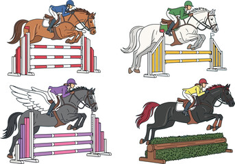 Equestrian athletes gracefully jumping over obstacles on horseback.