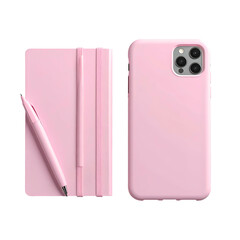 A pink phone case, notebook, and pen arranged on a black background