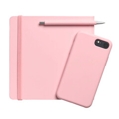 Pink stationery setup notebook, pen, and phone in a minimalist, top-down composition
