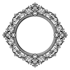 Ornate Floral Baroque Circular Frame Engraving Vector Illustration