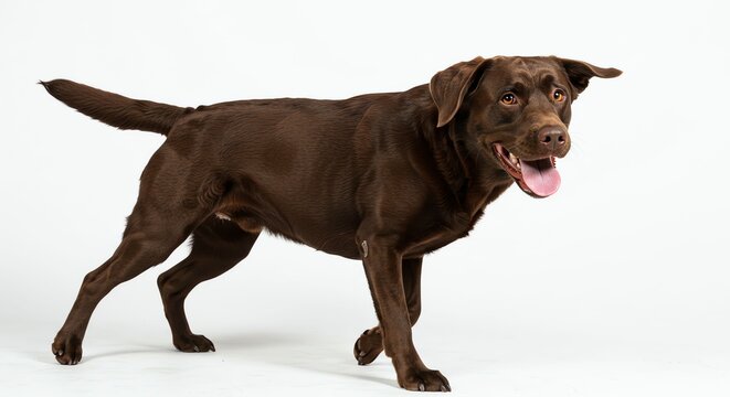 Brown Labrador Retriever Dog Standing Playful Friendly in Studio with White Background