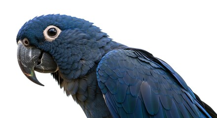 Obraz premium Blue Parrot Close Up with Detailed Feathers on White Background