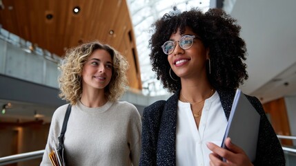 Two women posing in a modern office space.