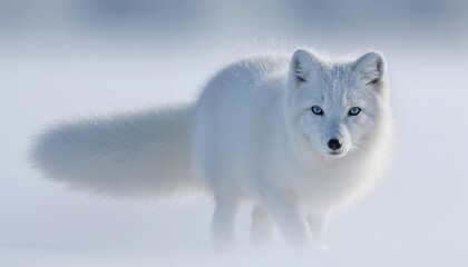 Obraz premium Majestic Arctic fox with fluffy tail, frost-covered fur, piercing blue eyes in a misty background