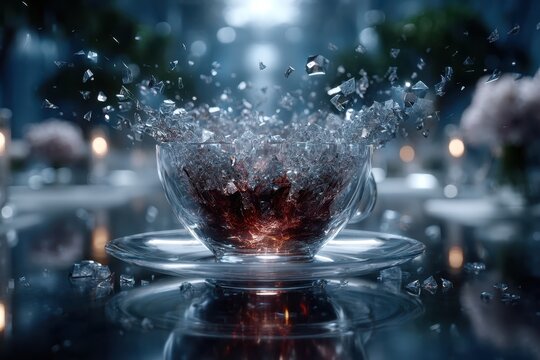 Shattered glass cup spilling dark liquid in a beautifully set dining environment