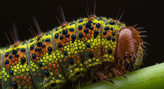 Colorful Caterpillar on Green Stem with Spiky Details in Closeup