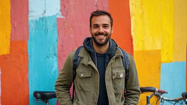 A person stands next to a bicycle in front of a vibrant wall, perfect for use as a background or concept image