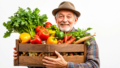 smiling older farmer holding a wooden crate overflowing with mixed vegetables — peppers, lettuce, root vegetables