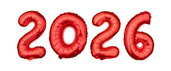 Red balloon number 2026 on isolated transparent background for new year celebration and holiday concept.