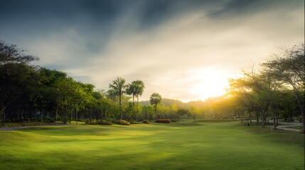 blurred. Tranquil park at sunset with warm golden hues, creating a peaceful natural landscape. inspiring travel planning, travel magazines, designed for travel destination branding.