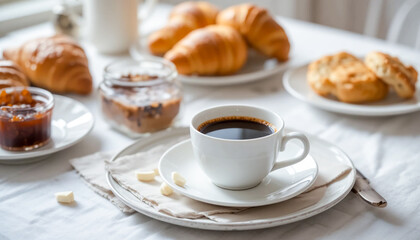 Inviting table spread with buttered croissant, jam, bread rolls, and espresso in a classic white cup on a linen napkin