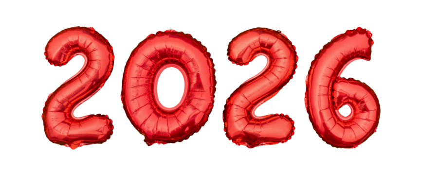 Red balloon number 2026 on isolated transparent background for new year celebration and holiday concept.
