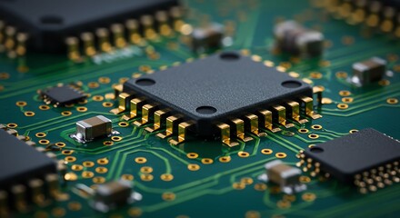 Obraz premium Close Up of Modern Computer Microchip on Green Circuit Board with Gold Contacts