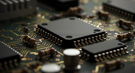Close Up of Electronic Circuit Board with Microchip and Components in Sharp Focus