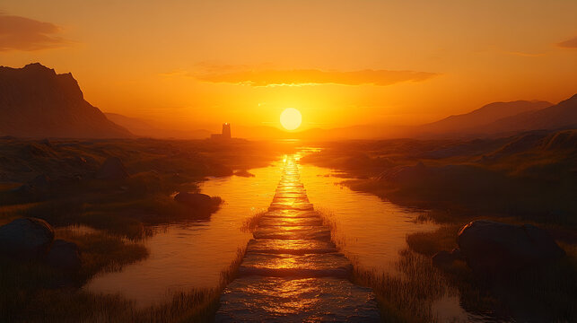 Sunset over calm water stone path leading to mountains