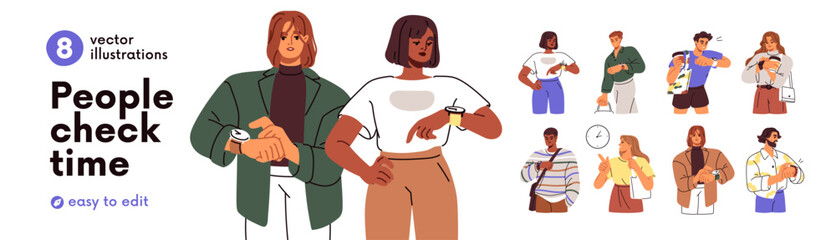 Naklejka na ściany i meble Busy punctual people looking at time on hand watch. Delay, hurry, showing deadline. Men, women checking wristwatch, gesturing with clock on wrist. Flat vector illustration isolated on white background