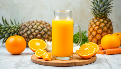 Studio still life of a glass jug and filled glass of bright orange juice surrounded by sliced orange, pineapple and carrots on a wooden board