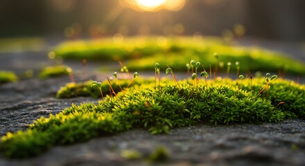 Close Up of Bright Green Moss with Tiny Sprouts Growing on Rock at Sunset