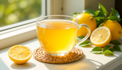 clear teacup with pale lemon tea placed on a woven coaster by a sunlit window, sliced lemon and green leaves nearby, peaceful morning glow and natural calmness.