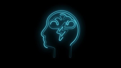 Conceptual human mind with lightning inside brain glowing neon animation element - Powered by Adobe