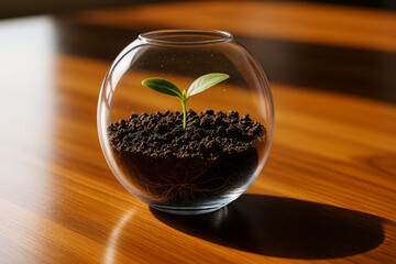 Crystal propagation vase with new life seedling and exposed roots resting on weathered wooden base