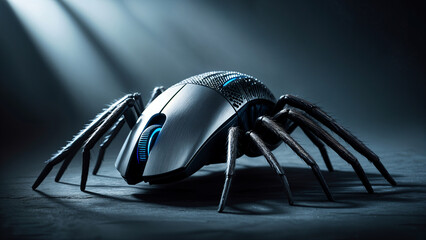 Unique silver mechanical spider computer mouse design, gaming technology, concept of Halloween in tech industry