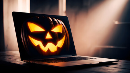 Charming glowing Halloween pumpkin displayed on laptop screen during spooky haunted autumn evening
