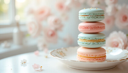 pastel macarons stacked on a ceramic plate with soft floral background bokeh; natural window light, refined patisserie styling, elegant French dessert.