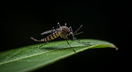 Naklejka premium Close-up of Mosquito on Green Leaf in Dark Environment