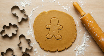 Gingerbread man cookie dough ready for baking with rolling pin and cookie cutters, holiday baking season, family fun, homemade treats, festive