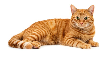 Obraz premium Orange Tabby Cat Lying Down on White Background with Green Eyes and Relaxed Pose
